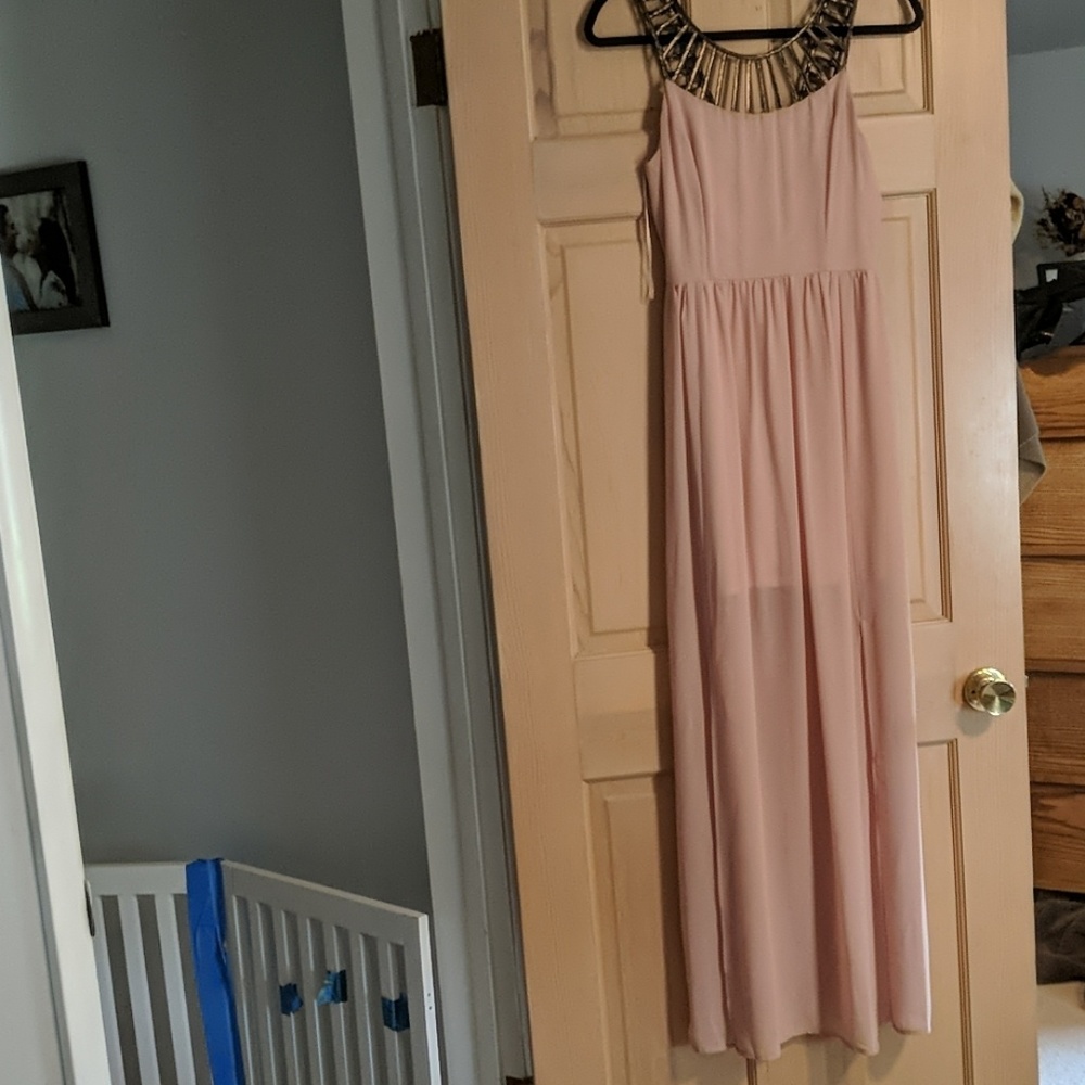 Long, chiffon blush dress with bronze neck details